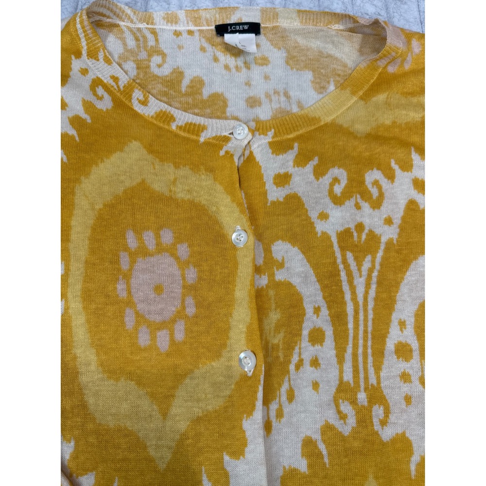 J.Crew Yellow Ikat Medallion Silk Linen Cardigan Sweater‎ Large Womens RN77388